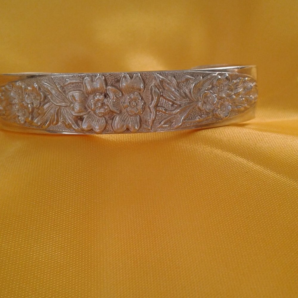 Stunning Vintage Heavy Floral Cuff Bracelet Stamped Sterling *Make an Offer